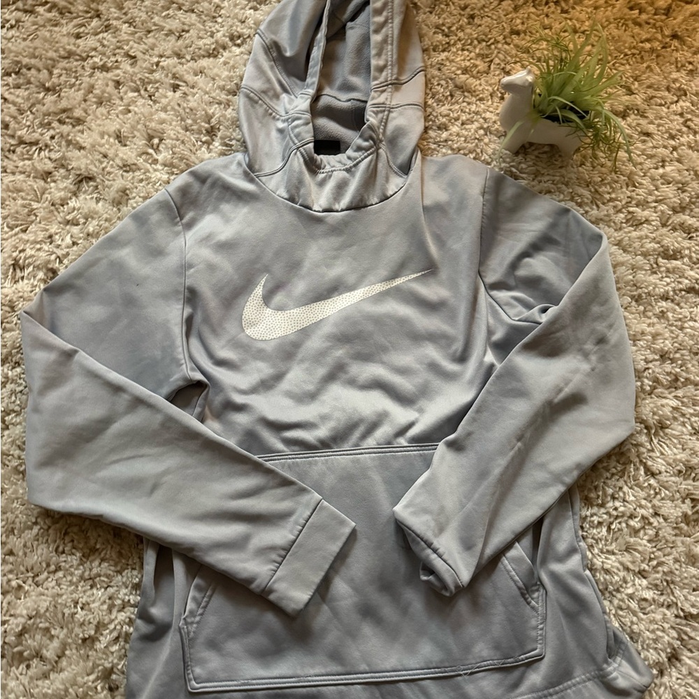 Grey dri fit men’s athletic Nike hoodie with white accents. - Picture 2 of 5